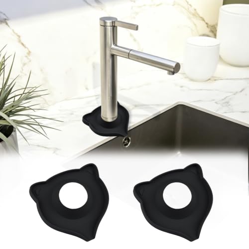 INCREWAY Black Cat Silicone Faucet Splash Guard Mat 2PCS, Decorative Sink Faucet Drip Catcher Tray for Kitchen Bathroom Countertop Water Drain Pad and Faucet Drying Organizer - color: Black, size: Cat 2pcs