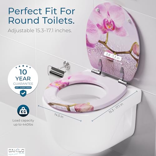SANILO Wooden Toilet Seat with Soft Close [ROUND] - Decorative, Quiet & Slow Close Molded Wood Seat - With Strong Bumpers & Hinges - Adjustable Fit – Blooming - color: Blooming