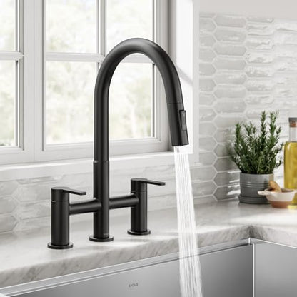 KRAUS Oletto Bridge Kitchen Faucet with Pull-Down Sprayhead in Matte Black, KPF-3122MB - color: Matte Black, style: Bridge Faucet