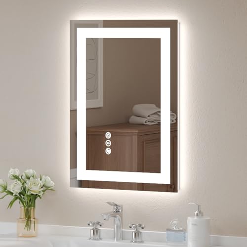 USHOWER LED Bathroom Mirror 20x28 Inch Tempered Glass - Frameless LED Backlit Lighted Mirror for Bathroom Vanity with Anti-Fog, 3 Colors Dimmable, Memory Function, Wall-Mounted - size: 20"L x 28"W