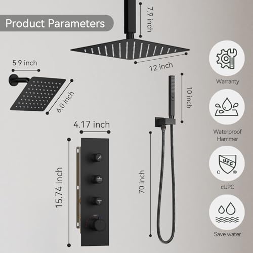 Thermostatic Shower System,Shower Faucet Set,12 Inch Ceiling Mounted and 6 Inch Wall Mount Rain Shower Head with 2 in 1 Handhled,Push Button Diverter Dual Shower Head Combo Set Matte Black - color: Matte Black, size: 12"-2
