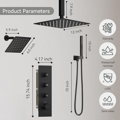 Thermostatic Shower System,Shower Faucet Set,12 Inch Ceiling Mounted and 6 Inch Wall Mount Rain Shower Head with 2 in 1 Handhled,Push Button Diverter Dual Shower Head Combo Set Matte Black - color: Matte Black, size: 12"-2