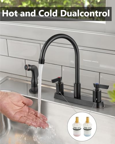 Kitchen Faucet with Side Sprayer, 8 Inch Centerset 4-Hole Bronze | Lead-Free 4-Hole High Arc Kitchen Sink Faucet, 1.8 GPM, 360° Spout - color: Bronze