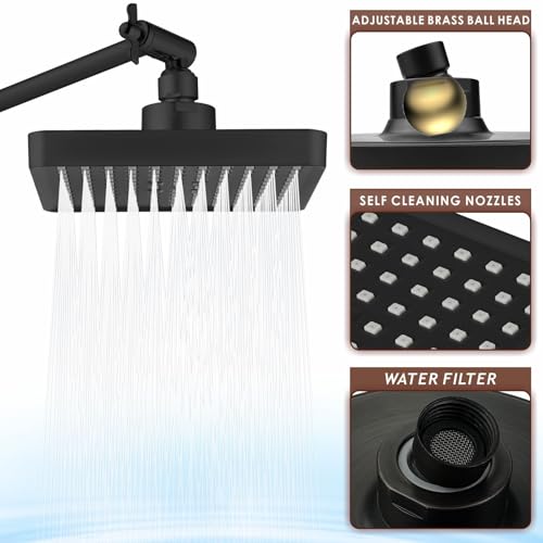 High Pressure Rain Shower Head with 11'' Extension Arm - High Flow Rainfall Showerhead - Luxury Modern Look - Pressure Boosting (Square, Brushed Nickel) - color: Matte Black, style: 6" Square