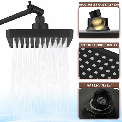 High Pressure Rain Shower Head with 11'' Extension Arm - High Flow Rainfall Showerhead - Luxury Modern Look - Pressure Boosting (Square, Brushed Nickel) - color: Matte Black, style: 6" Square