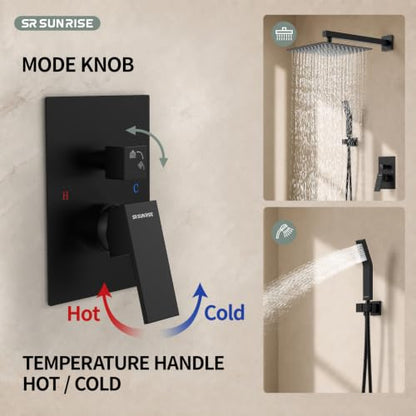 SR SUN RISE 12 Inches Matte Black Shower System 12 Inch Brass Bathroom Luxury Rain Mixer Shower Combo Set Wall Mounted Rainfall Shower Head System Shower Faucet Rough-in Valve Body and Trim Included - color: Matte Black, size: 12 Inch