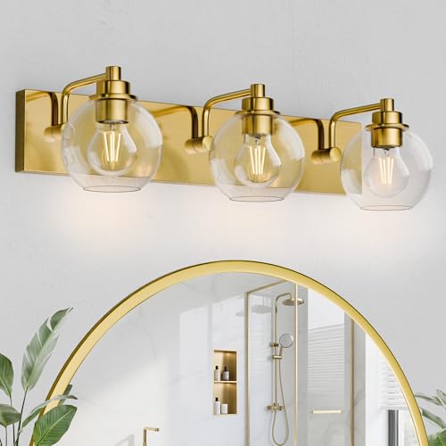 3 Light Bathroom Light Fixtures-Brushed Gold Bathroom Vanity Lights, Modern Vanity Lights 3-Light Bathroom Lighting Fixtures Over Mirror with Clear Glass Globe Shade - color: Gold, size: 3-Light