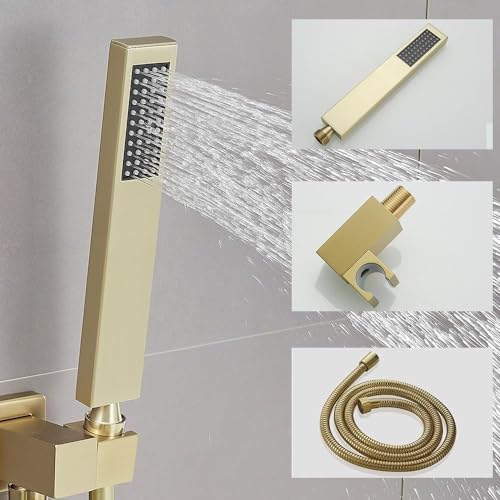 Brushed Gold Shower System 16 Inch Bathroom Luxury Rain Mixer Shower Combo Set Wall Mounted Rainfall Shower Head and Handheld System Shower Faucet Set Rough-in Valve Body and Trim Kit - color: Brushed Gold, size: 16 Inch