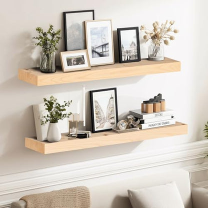 Solid Wood Floating Shelves, 24 Inch Wall Shelves, Set of 2, Wood | 8 Inch Deep, 1.6 Inch Thick, Extra-Wide Display Space, Mounting Hardware Included, For Kitchen, Bathroom and Living Room - color: Wood, size: 24x8x1.6