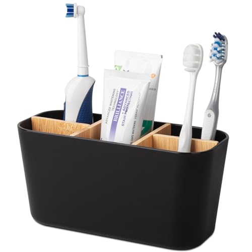 Toothbrush Holders Electric Tooth Brush and Toothpaste Organizer, Black | Detachable Bamboo Divider, 5 Slots, for Bathroom Countertop, Vanity - color: Black, size: 7.5" x 3.0"
