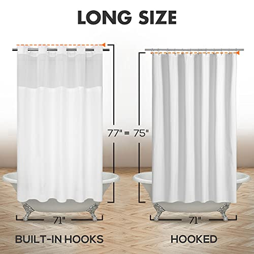 River Dream Long No Hook Slub Textured Shower Curtain with Snap-in PEVA Liner Set - 71" x 77"(75"), Hotel Style with See Through Top Window, Fabric Curtain & Waterproof Liner, White, 71x77 | Snap on/off Waterproof PEVA Liner, See Through Top Window, Slub