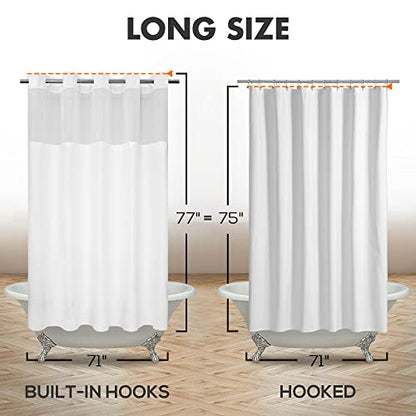River Dream Long No Hook Slub Textured Shower Curtain with Snap-in PEVA Liner Set - 71" x 77"(75"), Hotel Style with See Through Top Window, Fabric Curtain & Waterproof Liner, White, 71x77 | Snap on/off Waterproof PEVA Liner, See Through Top Window, Slub