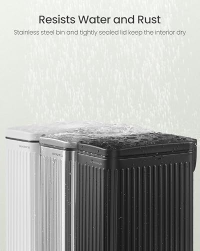 SONGMICS Bathroom Trash Can, 1.6-Gallon (6 L) Trash Bin with Lid, Slim for Small Spaces, Stainless Steel Garbage Can, Soft Close, White ULTB563W02 - color: White, style: 1.6 Gal. & fluted design
