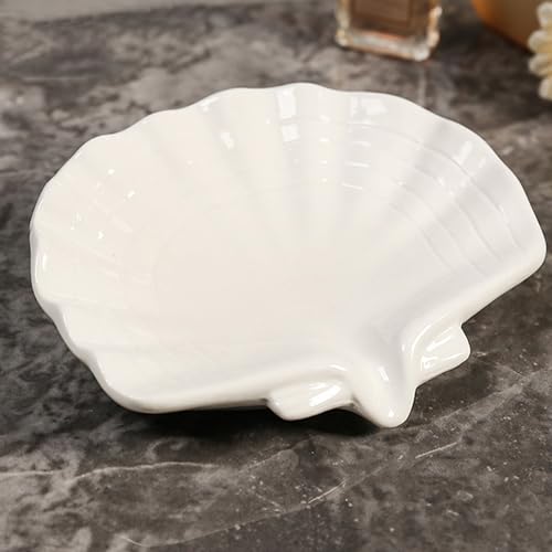 Ceramic Soap Holder, Sea-Shell Soap Tray with Self Draining, Soap Tray for Sink Washroom Bathroom Shower, Small Cute and Elegant Holder with Glaze, Easy Cleaning (White) - color: White