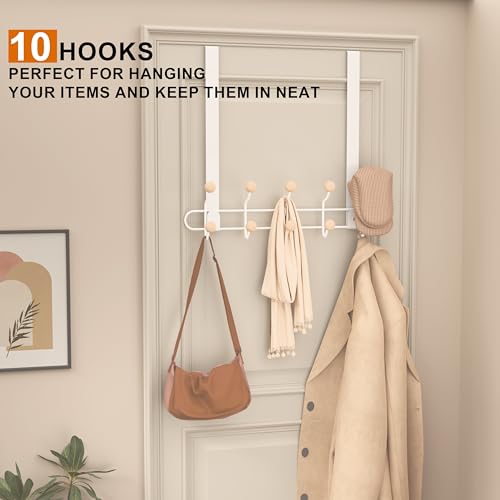 2 Pack Over The Door Hooks(13.8" H) with 10 Wooden Knobs, Over Door Hanger, Heavy Duty No Drill Hanger for Towels, Coats, Hats, Bags in Bathroom, Bedroom, Kitchen, Living Room - color: White(2 Pack 13.8")