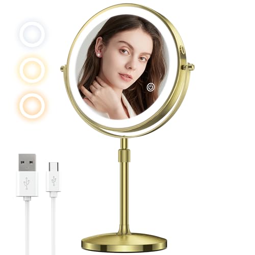 MILPROX Adjustable Height Makeup Mirror with 10X Magnifying & Light, Gold | 8 Inch 3 Color Lighted Beauty Vanity Mirror with Magnification,1X/10X Double Sided Mirror with Light for Desk Dorm Studio - color: Gold