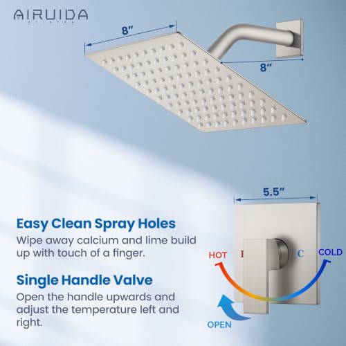 Airuida Shower Faucet Set,8 Inch Shower Valve Kit,Brushed Nickel | Male Threads,Rough-in Valve Shower Trim Kit,Single Handle Control Shower Set - color: Brushed Nickel, size: 8 Inch
