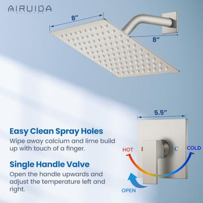 Airuida Shower Faucet Set,8 Inch Shower Valve Kit,Brushed Nickel | Male Threads,Rough-in Valve Shower Trim Kit,Single Handle Control Shower Set - color: Brushed Nickel, size: 8 Inch