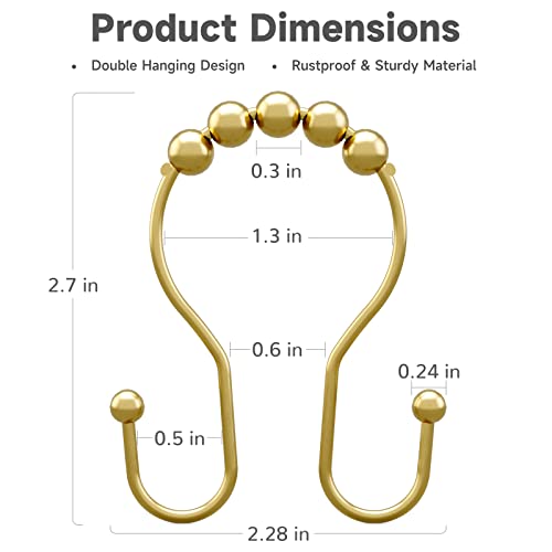 Bathway Gold Shower Curtain Hooks, Shower Curtain Hook Shower Curtain Rings Rust Proof Smooth Double Shower Curtain Hooks, Shower Hooks for Shower Curtain Bathroom Shower Rod Hook 12 Pcs - color: Gold