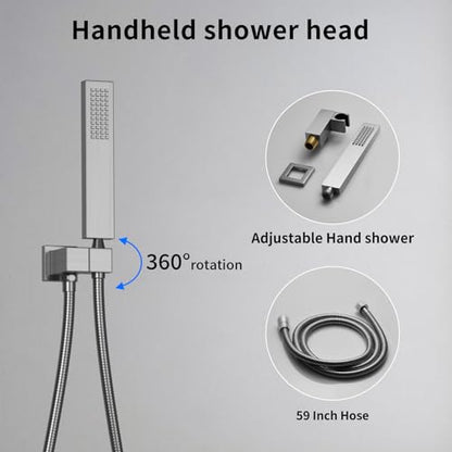 Dual Shower Mixer 6 Way Full Body Shower Head System Rain 12+8+8 Inch With Wall Mount 6 Pcs Jets 2 Handheld Shower Diverter Valve Digital Display Fauct Set, Brushed nickel - color: Brushed Nickel