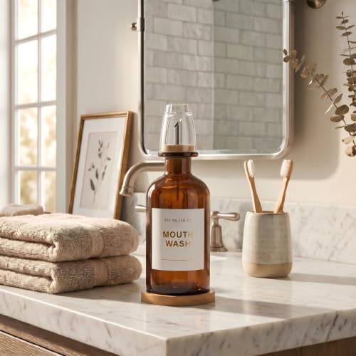 11.8OZ Glass Mouthwash Dispenser for Bathroom, Amber | Stainless Steel & Bamboo Nozzle, Reusable Mouthwash Cup, Bamboo Tray, Elegant Gold Sticker - color: Amber/350*1