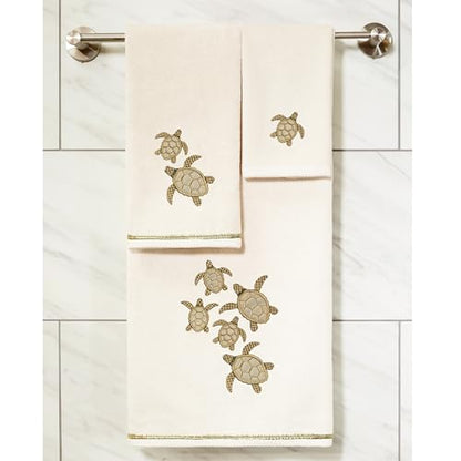Jewel 4-Piece Premium Towel Set, Embroidered Turtles, Plush Turkish Cotton, Durable & Quick Dry, Elegant Beach Style, 2 Bath 2 Hand Towels, Beige - color: Beige, size: 2 Pcs Bath 2 Pcs Hand Towel