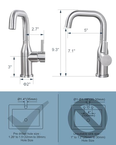 Bar Sink Faucet Single Hole: ARCORA Brushed Nickel Wet Bar Faucets - Prep Sink Faucet 360 Swivel - Small Kitchen Bathroom Faucet with cUPC Supply Lines - color: Brushed Nickel