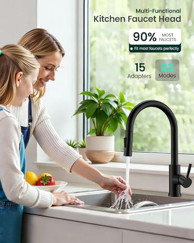 Metal Kitchen Faucet Head Replacement | Stainless Steel, 2-Mode Pull Down Kitchen Faucet Spray Head, with 15 Adapters, High Pressure Sink Sprayer Nozzle, Matte Black - color: Matte Black