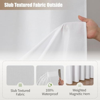 eachope No Hook Shower Curtain, Waterproof Slub Fabric, White 71x77 in | no separate liner, split grommets, waterproof backing, weighted hem, 160GSM slub fabric, machine washable, renter friendly - color: White, size: 71"WX77"L (pack of 1)