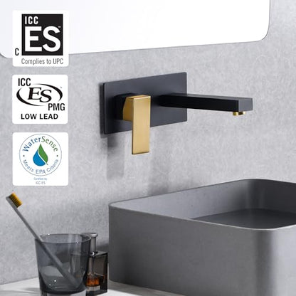 SUMERAIN Wall Mounted Bathroom Sink Faucet, Black and Gold | Left-Handed Single Handle, Rough in Valve and Wall Plate Included - color: Black and Gold, size: Left-Handed