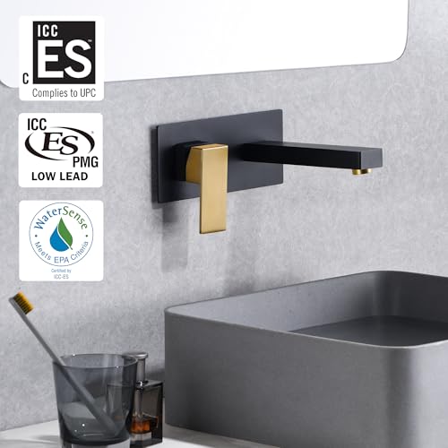 SUMERAIN Wall Mounted Bathroom Sink Faucet, Black and Gold | Left-Handed Single Handle, Rough in Valve and Wall Plate Included - color: Black and Gold, size: Left-Handed