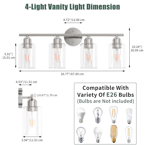 Bathroom Vanity Light Fixtures Brushed Nickel,4 Lights Rustic Farmhouse Vanity Bar Lighting Over Mirror Modern Industrial Wall Sconces Lamp with Cylinder Glass Shade - color: Brushed Nickel, size: 4 Lights