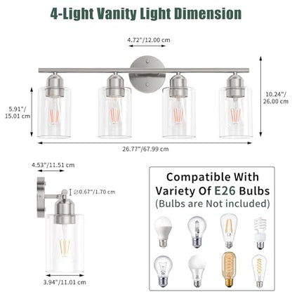 Bathroom Vanity Light Fixtures Brushed Nickel,4 Lights Rustic Farmhouse Vanity Bar Lighting Over Mirror Modern Industrial Wall Sconces Lamp with Cylinder Glass Shade - color: Brushed Nickel, size: 4 Lights