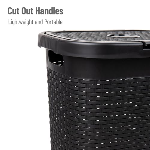 Mind Reader Slim Laundry Hamper with Lid, 50L Clothes Basket, Premium Wicker Design, Plastic, Black - color: Black