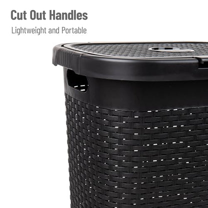 Mind Reader Slim Laundry Hamper with Lid, 50L Clothes Basket, Premium Wicker Design, Plastic, Black - color: Black