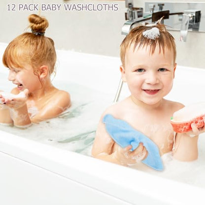 12 Pack Small Baby Washcloths 100% Cotton Thin Soft 7.8" x 7.8" Terry Cloth for Baby Face Bath Burp Travel Lightweight Multi-Purpose Newborn Must Haves - color: Blue-a