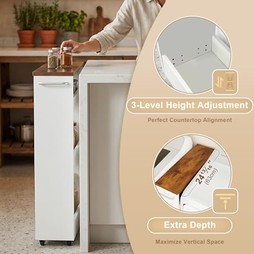 TEAMIX Wood 4-Tier Slim Rolling Storage Cart, 7.9"W, 24.8"D, 36.7"H, White | Height Adjustable, 360°Swivel Wheels, Deeper & Taller, Use as Narrow Kitchen Cart, Laundry Organizer Between Washer & Dryer - color: White