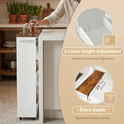 TEAMIX Wood 4-Tier Slim Rolling Storage Cart, 7.9"W, 24.8"D, 36.7"H, White | Height Adjustable, 360°Swivel Wheels, Deeper & Taller, Use as Narrow Kitchen Cart, Laundry Organizer Between Washer & Dryer - color: White