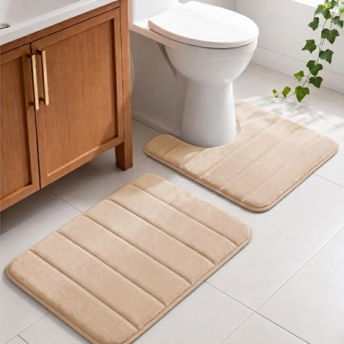 Memory Foam Bathroom Rugs Sets 2 Piece- Super Soft Absorbent Quick Dry Memory Foam Bathroom Rugs, Machine Washable Non Slip Floor Carpet for Tub Shower & Single Sink 16x24 & 20x20,(Beige) - color: Beige