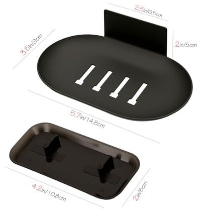 Wall Mounted Soap Dish with Drain, No Drilling Adhesive Aluminum Soap Holder for Shower Bathroom, Rustproof Detachable Tray, Sponge Saver & Organizer Rack (Dark Grey)