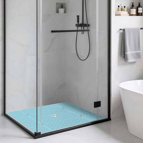 Yolife Square Shower Mat, 27" x 27" Shower Mat with Drain Hole in Middle | Extra Large Soft TPE Non Slip Shower Mats for Inside Shower, Anti Slip Washable Shower Floor Mat with Suction Cups, Blue - color: Blue