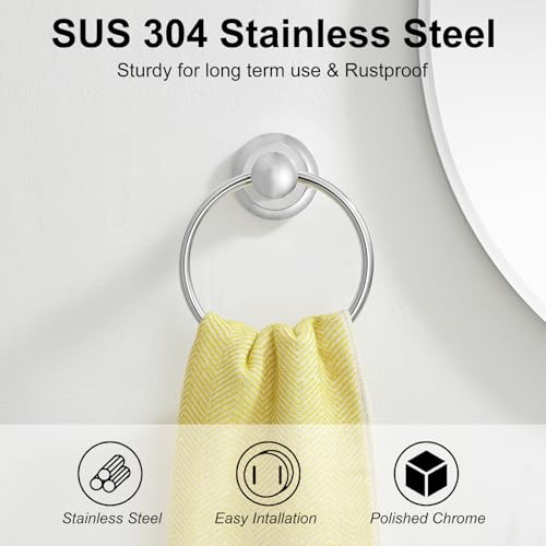 Towel Ring, Bathroom Hand Towel Holder Wall Mounted Polished Chrome | Modern Round, Heavy Duty Towel Rack Hanger, Hardware Accessory, SUS 304 Stainless Steel Rustproof for Bath, Kitchen, RV - color: Polished Chrome