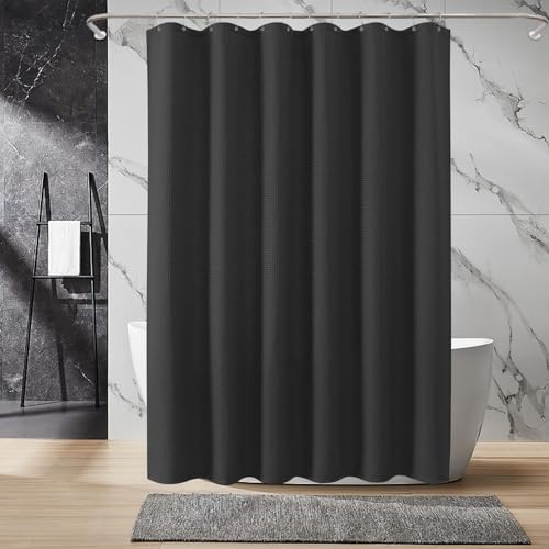 Inhousolu Fabric Shower Curtain, Waffle Weave 230 GSM Polyester, Weighted Hem, Metal Hooks Included, Water Repellent Washable, 72 x 84 Inch, Black - color: Black, size: 72"W x 84"L (Pack of 1)