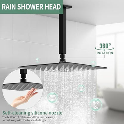 SunCleanse Rainfall Shower Faucet Set with High Pressure in Matte Black | Ceiling mounted shower combo set featuring a 12" rainfall shower head, handheld spray, and rough-in shower valve. - color: Matte Black, style: 12-ceiling