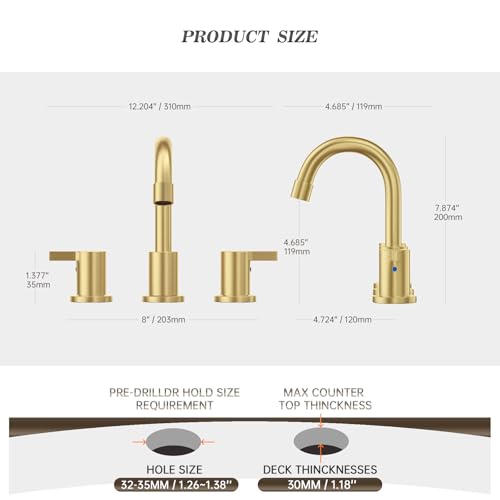 Brushed Gold 3 Hole 8 Inch Widespread Bathroom Sink Faucet, Bathroom Faucet Set with Metal Pop UP Drain and Valve, WF15-1-BG - color: Brushed Gold