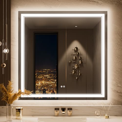 Keonjinn 36"x36" Square LED Bathroom Mirror with Lights, HD Tempered Glass | Frontlit & Backlit, 3 Color Lights, Dimmable, Safe Defogging, Smart Memory Function, Lighted Bathroom Vanity Mirror for Wall - size: 36"L x 36"W