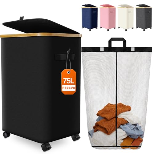Laundry Hamper with Wheels, 75L Large Clothes Hamper with Removable Inner Bag, Collapsible Dirty Clothes Basket for Dorm, Rolling Dirty Clothes Basket for, Bedroom, Bathroom, Laundry Room - color: Black, size: 75L