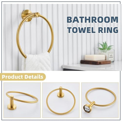 Brushed Gold Bathroom Accessories Set, 2-Piece, 304 Stainless Steel | Practical Bathroom Hardware Set for Bathroom Restroom Sink, Rotatable Towel Ring, Open-arm Toilet Paper Holder, Wall Mounted - color: Brushed Gold Round Shape