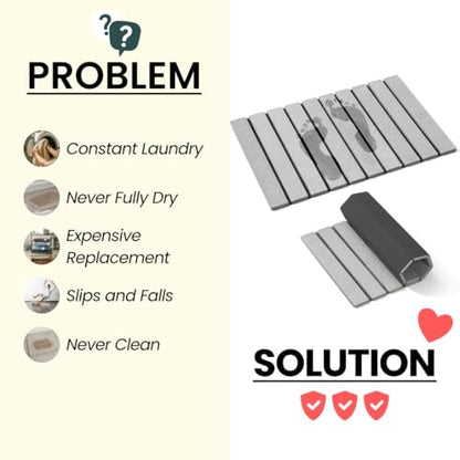 Extra Long Foldable Stone Bath Mat 32 x 15 - Diatomaceous Earth Shower Mat, Non-Slip Quick-Dry Stone Bath Mats for Bathroom, Super Absorbent, Compact Design, Easy to Clean, Light Grey | Super absorbent surface, easy-care finish, includes non-slip pad, bat