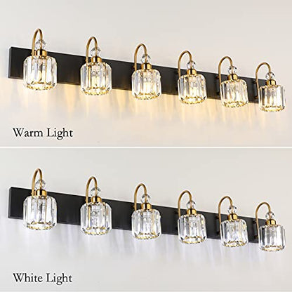 Ralbay Crystal Vanity Lights 6-Lights Modern Crystal Bathroom Vanity Lights Over Long Mirror Modern Black Gold Bathroom Vanity Lighting Fixtures - color: Round-Black+Gold, size: 6-light
